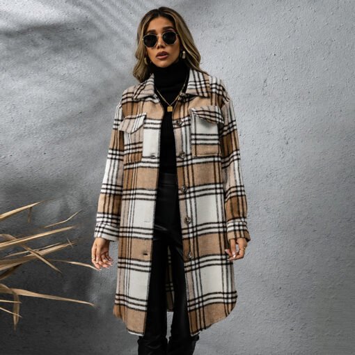 Fashion Plaid Single Row Button Coarse Wool Coat For Women - Imagen 3