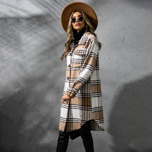 Fashion Plaid Single Row Button Coarse Wool Coat For Women - Imagen 6