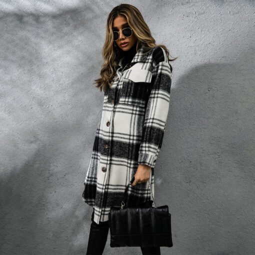 Fashion Plaid Single Row Button Coarse Wool Coat For Women - Imagen 7