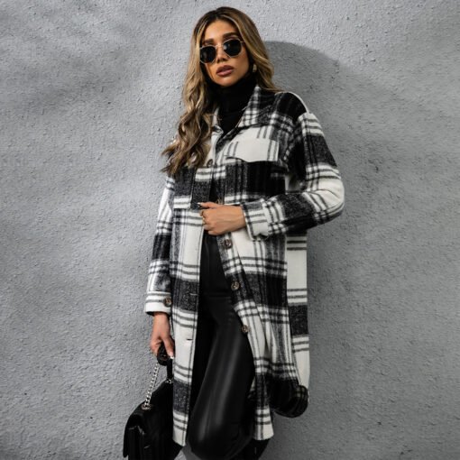 Fashion Plaid Single Row Button Coarse Wool Coat For Women - Imagen 2