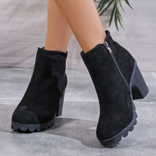 Chunky Heel Round Toe Side Zipper Ankle Boots - Imagen 3