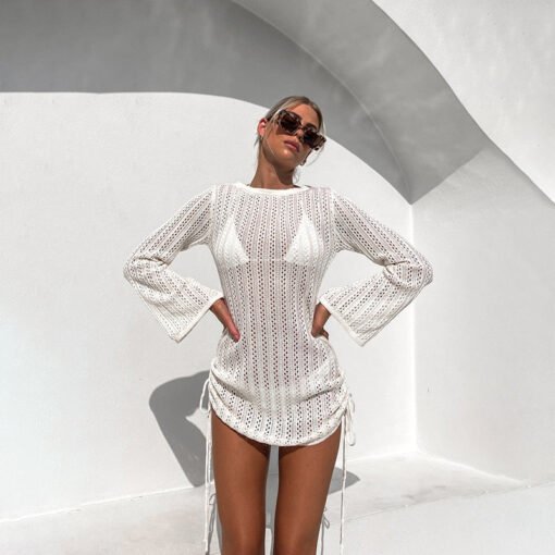 Women's Hollow-out Side Strap Round Neck Backless Sun Protective Blouse Dress - immagine 5