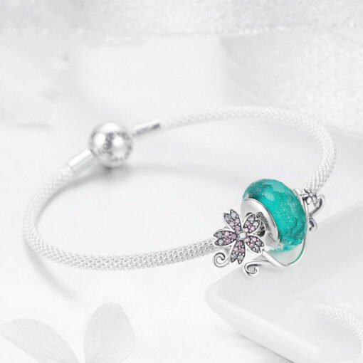 Sterling Silver Daisy Flower Green Glass Beads Strand Charms Bracelets - Larawan 2