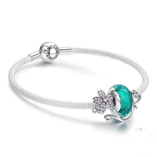 Sterling Silver Daisy Flower Green Glass Beads Strand Charms Bracelets - Larawan 5