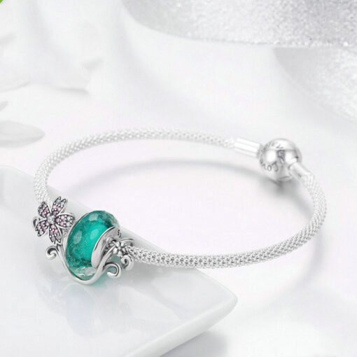 Sterling Silver Daisy Flower Green Glass Beads Strand Charms Bracelets - Larawan 3