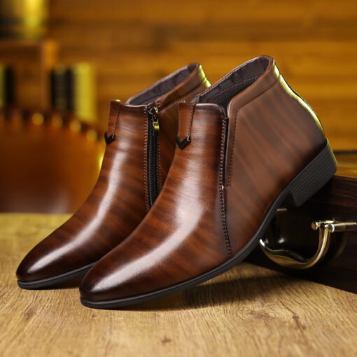 Men's Pointed White Striped Embossed Side Zipper Leather Ankle Boots - Larawan 5