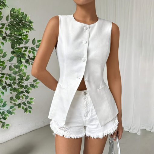 Sleeveless Button Round Neck Elegant Vest - Imagen 4