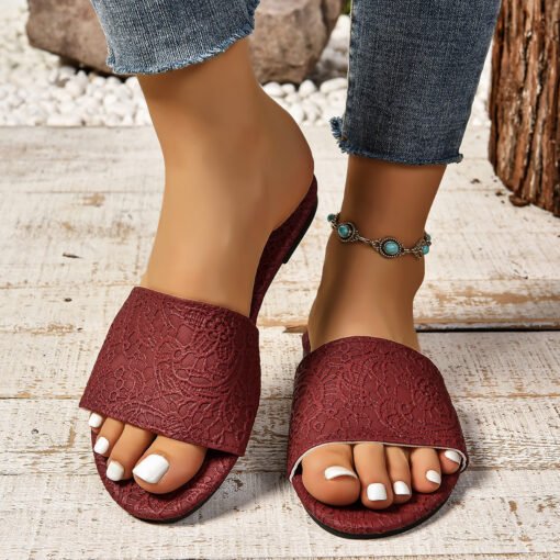Retro Textured Flat Sandals Summer Non-slip Slides Beach Shoes For Women - Hình ảnh 4