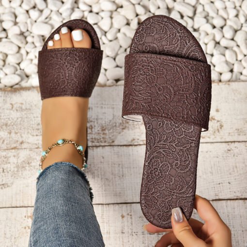 Retro Textured Flat Sandals Summer Non-slip Slides Beach Shoes For Women - Hình ảnh 7