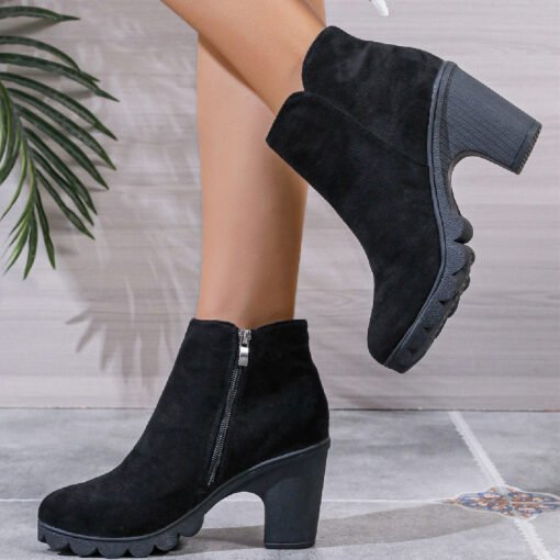Chunky Heel Round Toe Side Zipper Ankle Boots - Imagen 5