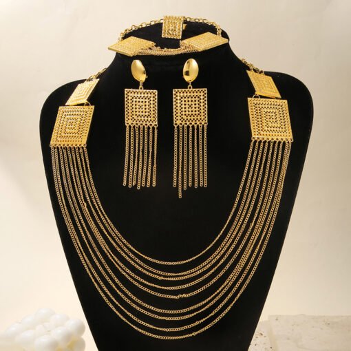 5pcs Fashion Ladies 18k Gold Plated Jewelry Set Tassel For Holiday Wear, Wedding Scene Jewelry, Multi-layered Temperament Wedding Jewelry - Bild 5