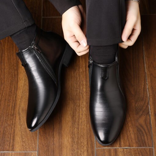 Men's Pointed White Striped Embossed Side Zipper Leather Ankle Boots - Larawan 4