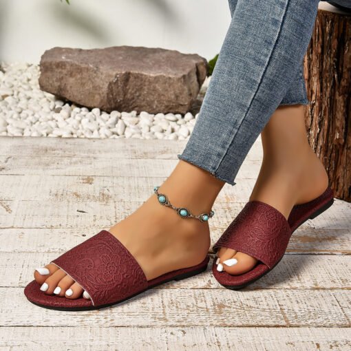 Retro Textured Flat Sandals Summer Non-slip Slides Beach Shoes For Women - Hình ảnh 6