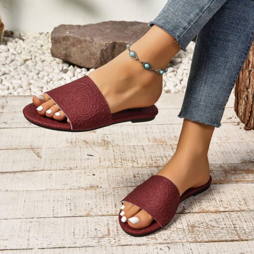 Retro Textured Flat Sandals Summer Non-slip Slides Beach Shoes For Women - Hình ảnh 5