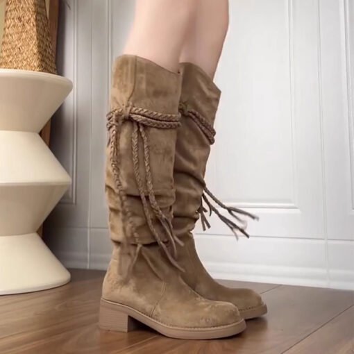 Women's Brown Maillard Platform Genuine Leather Long Boots - Imagen 4