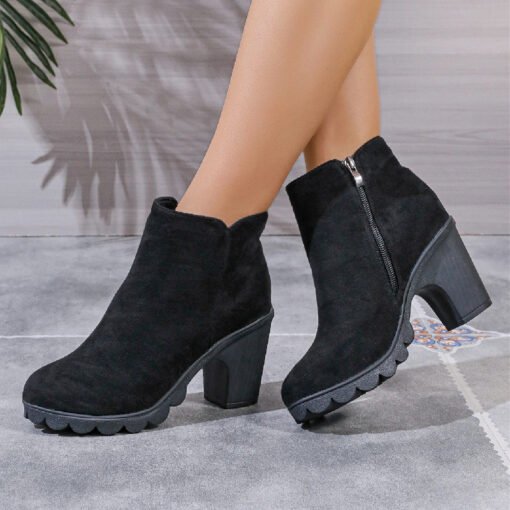 Chunky Heel Round Toe Side Zipper Ankle Boots - Imagen 2