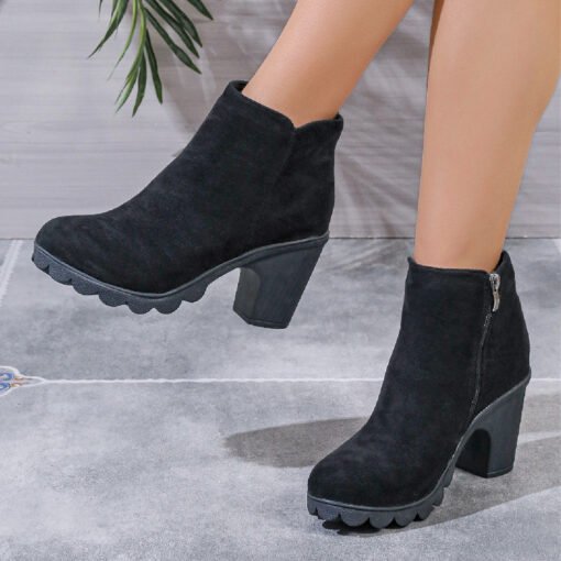 Chunky Heel Round Toe Side Zipper Ankle Boots - Imagen 6