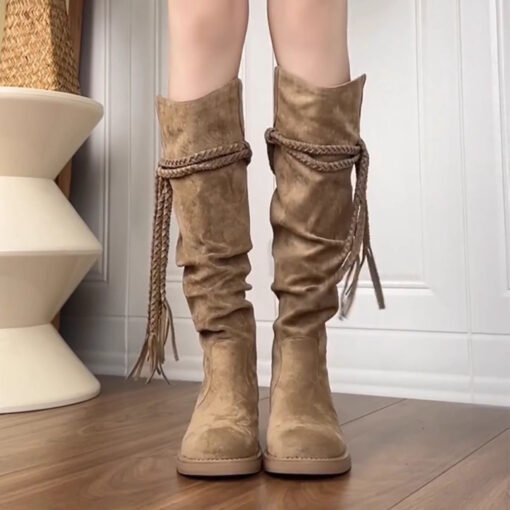 Women's Brown Maillard Platform Genuine Leather Long Boots - Imagen 5