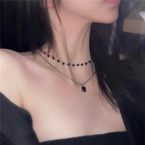 Double Layer Twin Black & Rhimestone Necklace Ins Style New Simple Clavicle Chain - Imagen 3