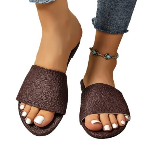 Retro Textured Flat Sandals Summer Non-slip Slides Beach Shoes For Women - Hình ảnh 3