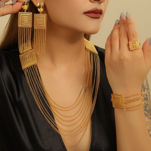 5pcs Fashion Ladies 18k Gold Plated Jewelry Set Tassel For Holiday Wear, Wedding Scene Jewelry, Multi-layered Temperament Wedding Jewelry - Bild 6