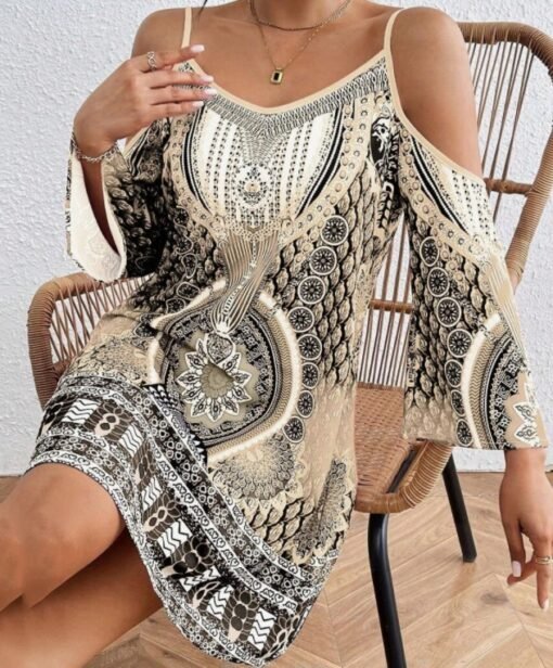 Women's Retro Style Printed Off Shoulder Dress - Hình ảnh 4