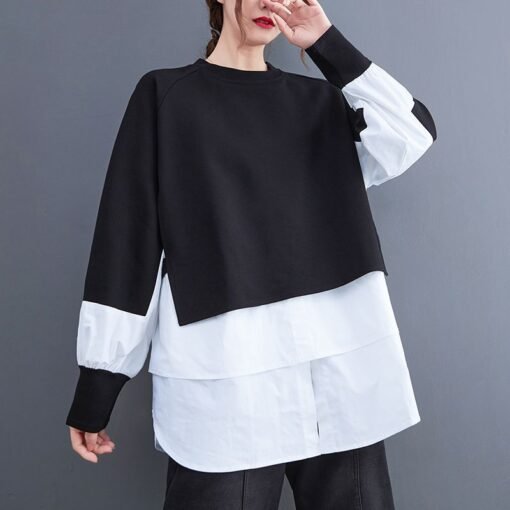 Autumn And Winter New Fake Two Pieces Contrast-color Stitching Sweatshirt - Imagen 4