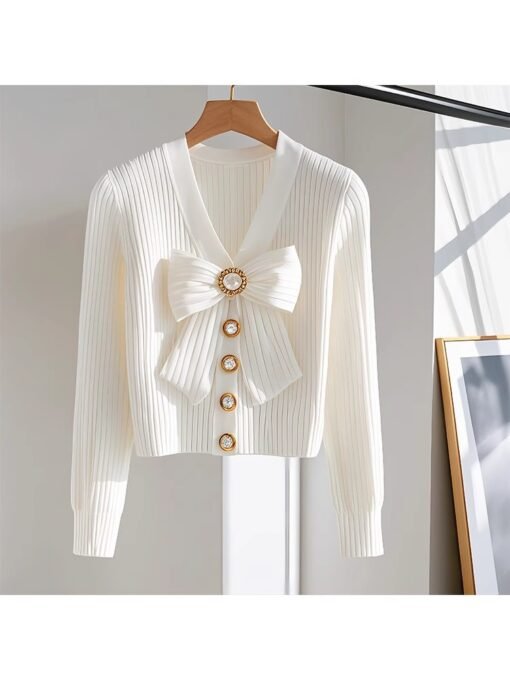 White Long-sleeved Fashionable High-end Chic Sweater - Imagen 3