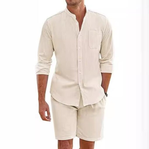 Men's Summer Two-piece Polyester Button Shirt Long Sleeve Shorts - Imagen 8