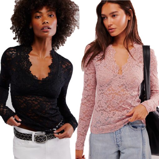 Hollow Lace Long-sleeved Top Bottoming Shirt V-neck - Bild 5