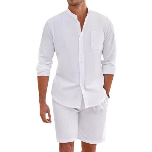 Men's Summer Two-piece Polyester Button Shirt Long Sleeve Shorts - Imagen 10