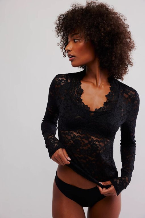 Hollow Lace Long-sleeved Top Bottoming Shirt V-neck - Bild 6