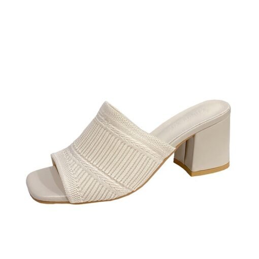 Fashion Slippers Thick Heel Knitted Wool High Heel Square Toe Sandals - Image 8