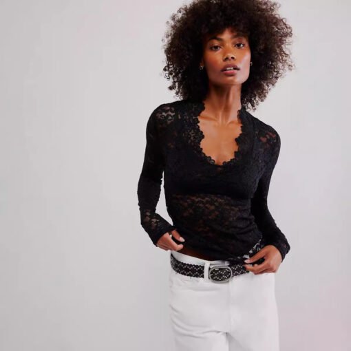 Hollow Lace Long-sleeved Top Bottoming Shirt V-neck - Bild 7