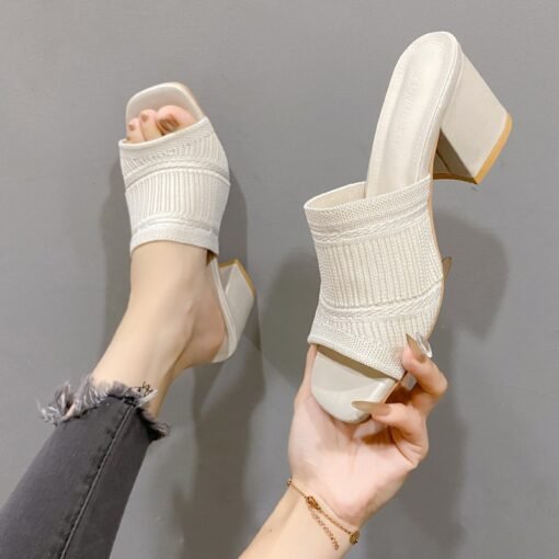 Fashion Slippers Thick Heel Knitted Wool High Heel Square Toe Sandals - Image 9