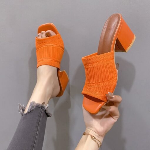 Fashion Slippers Thick Heel Knitted Wool High Heel Square Toe Sandals - Image 6