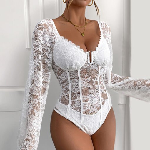 Women's Long-sleeved Chest Cup Lace Jumpsuit - Image 5