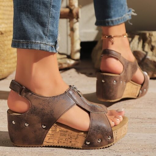 Summer Zipper Wedges Sandals Women's Lightweight Height Increasing Shoes Fashion Casual Sandals - Image 2