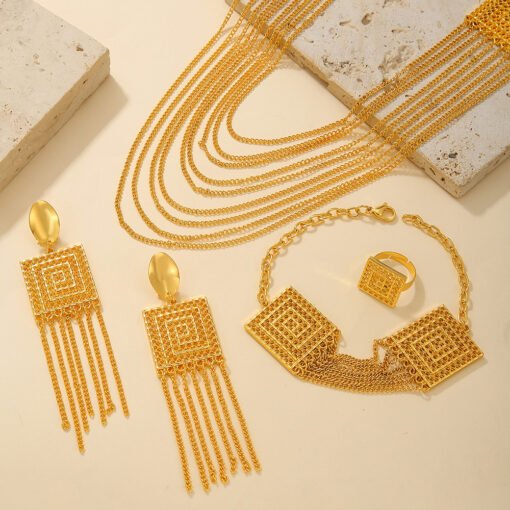 5pcs Fashion Ladies 18k Gold Plated Jewelry Set Tassel For Holiday Wear, Wedding Scene Jewelry, Multi-layered Temperament Wedding Jewelry - Bild 4