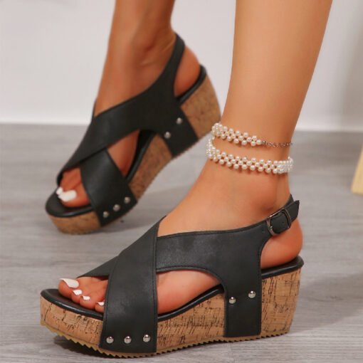Women's Rivet Wedges Snadals Thick Bottom Fish Mouth Shoes Summer - Bild 3