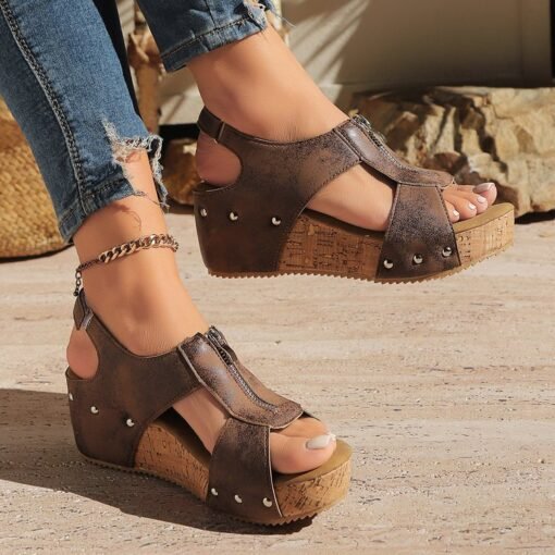 Summer Zipper Wedges Sandals Women's Lightweight Height Increasing Shoes Fashion Casual Sandals - Image 5
