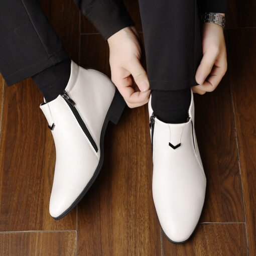 Men's Pointed White Striped Embossed Side Zipper Leather Ankle Boots - Larawan 2