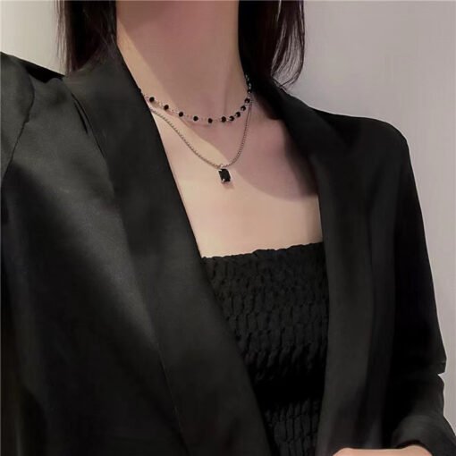 Double Layer Twin Black & Rhimestone Necklace Ins Style New Simple Clavicle Chain - Imagen 5